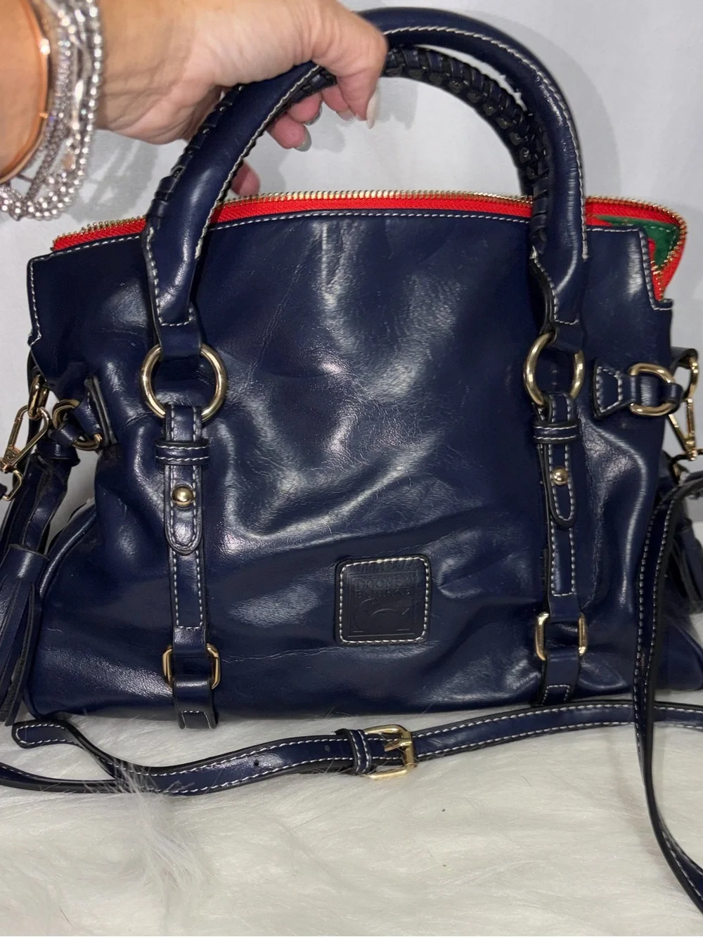 Dooney & Bourke Navy Leather Satchel with Red Trim